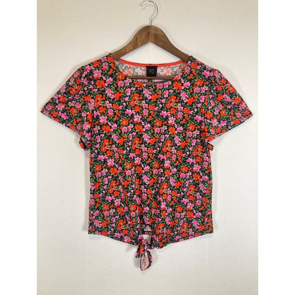 W5 Tops - Cottagecore W5 Womens Size S Black Pink Floral Front Tie Short Sleeve Top
